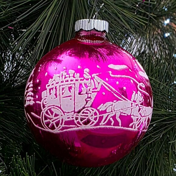 VTG Shiny Brite Stencil Stagecoach Pink Glass Christmas Ornament Horses Snow MCM - Picture 1 of 12